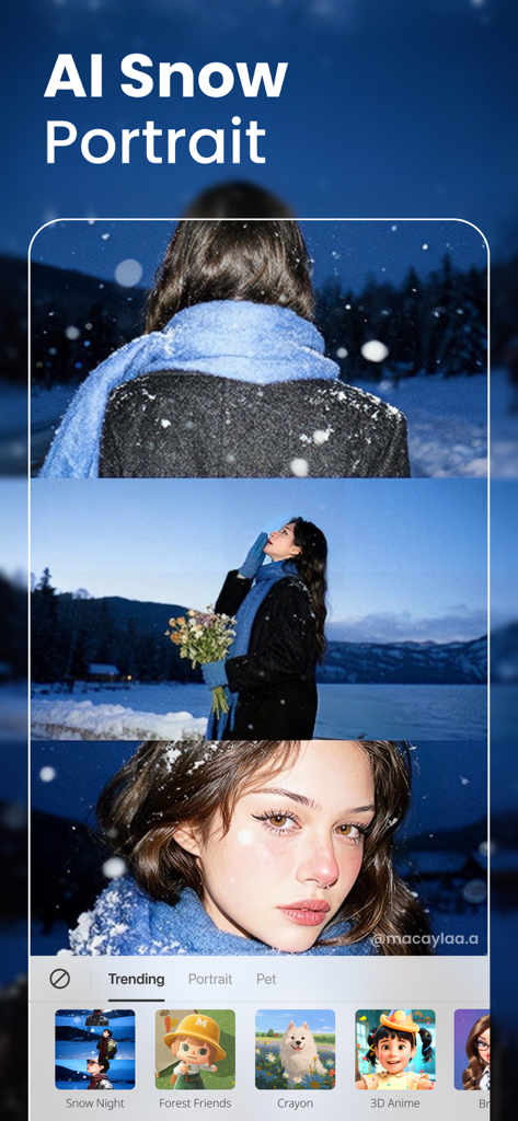 BeautyPlus App-Oberfläche, die KI-Schneemann-Porträt-Fotobearbeitungsergebnisse zeigt