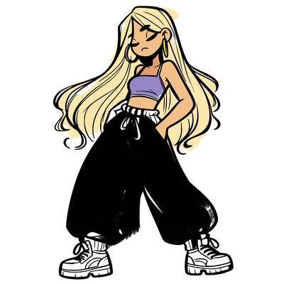 girl in baggy pants crop top and long hair