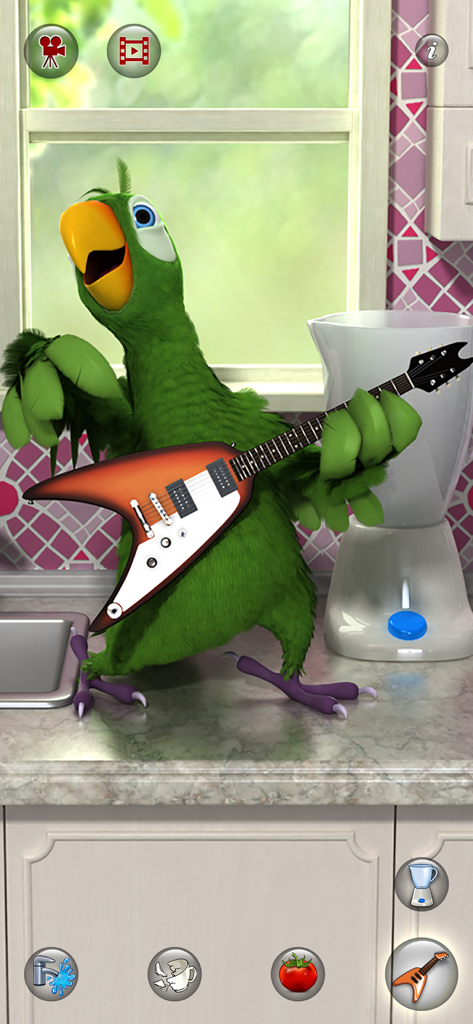 Talking Pierre the Parrot rocking out on an electric guitar in a kitchen