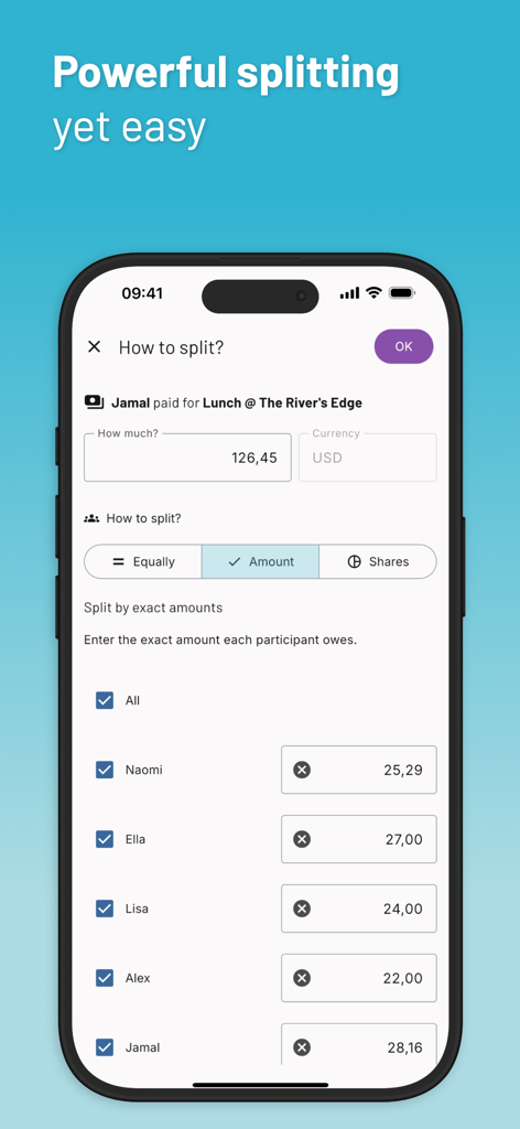 Kittysplit mobile app screen showing a group lunch bill split by specific amounts per person.