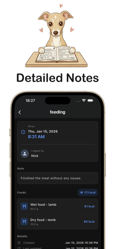 Detailed dog feeding log with calorie tracking and notes.