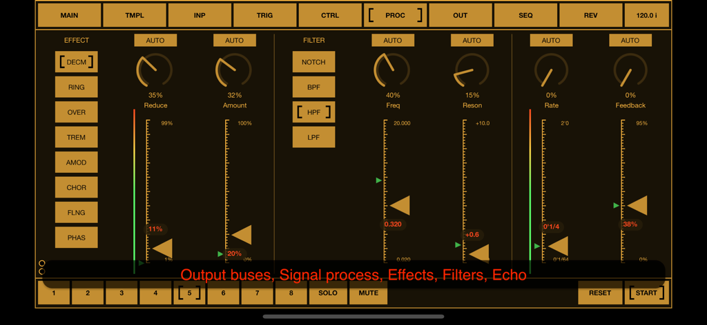 BeatCutter - Pantalla de procesamiento de señal de la aplicación BeatCutter con efectos de audio y controles de filtro en una interfaz cyberpunk ámbar.