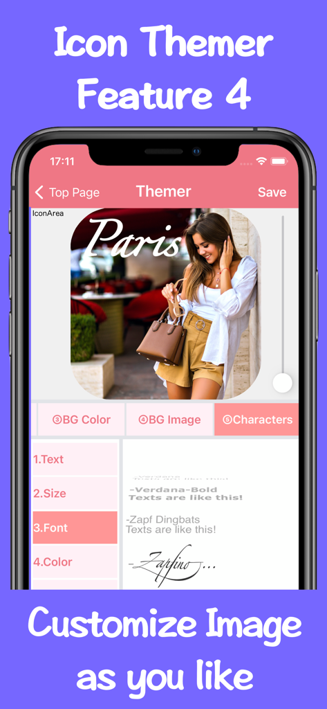 Icon Themer - Icon Themer app interface showing text and font customization over an icon image of a woman in Paris