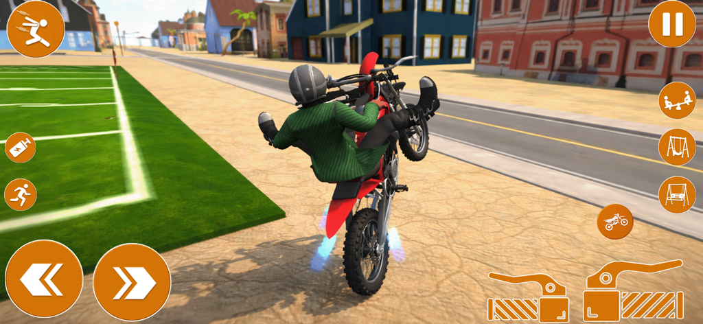 Un personaje con una chaqueta verde haciendo un wheelie en una moto de cross roja en un entorno suburbano