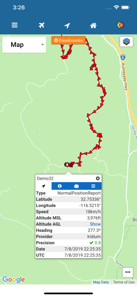 SkyRouter - SkyRouter app interface displaying a red breadcrumb trail and detailed asset position report on a map