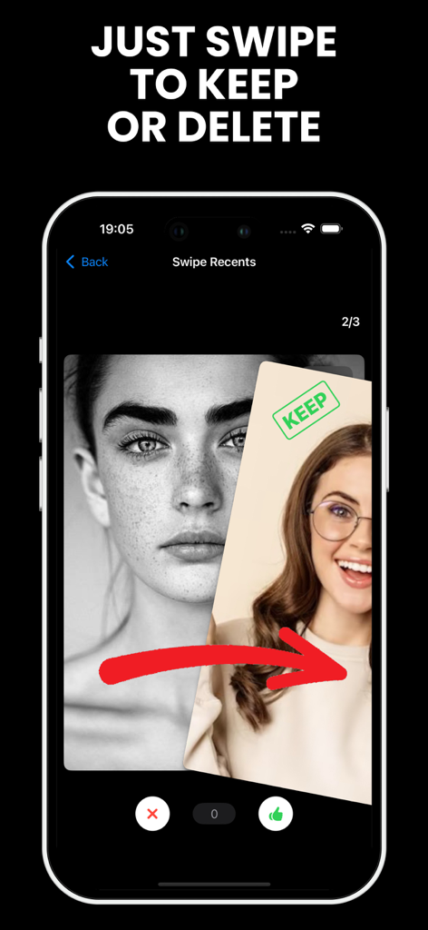 WashKit: Phone Storage Cleaner - Pantalla de la aplicación WashKit que muestra una función de deslizar para limpiar fotos con opciones para conservar o eliminar para la gestión del almacenamiento