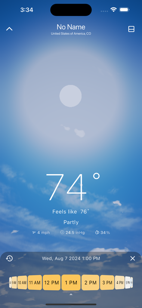 W.Weather - W.Weather app interface showing 74 degrees temperature and hourly weather clock forecast.