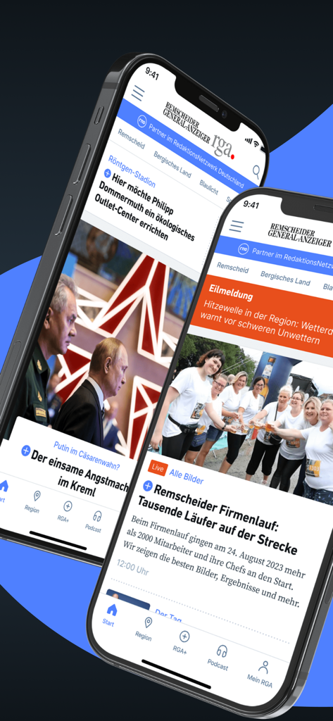 RGA – Nachrichten und Podcast - The RGA news and podcast app displayed on two iPhones featuring local and global news stories