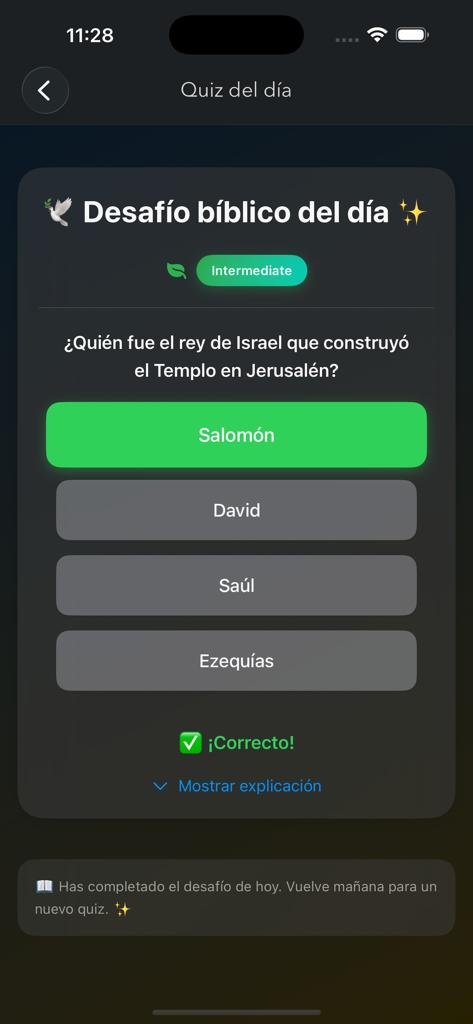 Biblia RV 1909 - Daily biblical challenge screen in Spanish from the Biblia RV 1909 app