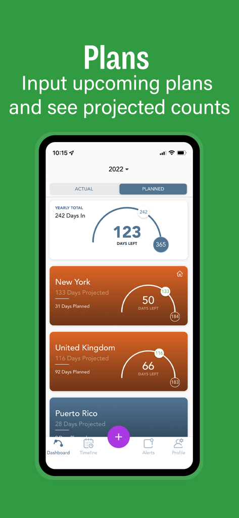 Dashboard interface of TaxBird app showing projected residency days and thresholds for New York and the UK.