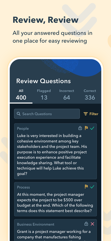 Pocket Prep PMP 2026 - Review interface of the Pocket Prep PMP app showing practice question history and performance stats