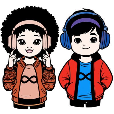 an afroamerican girl with headphones and a boy with headphones, they have an ♾️ symbol on their shirt