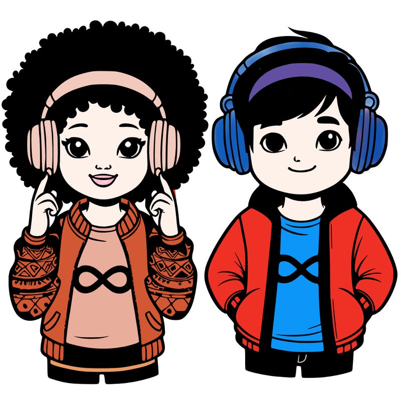 an afroamerican girl with headphones and a boy with headphones, they have an ♾️ symbol on their shirt
