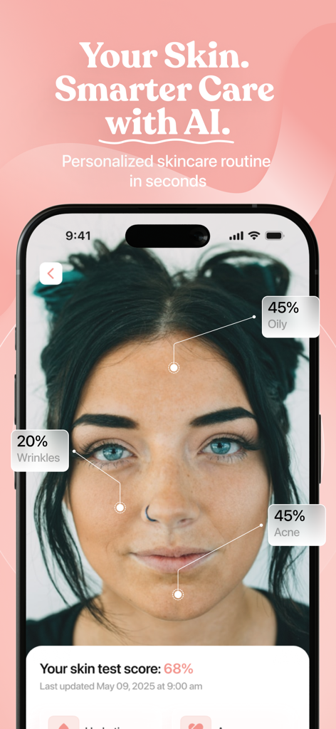 Aura - Clear Up Your Skin - Aura app interface showing an AI face scan for personalized skin care analysis