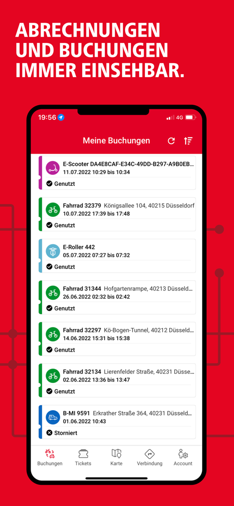 redy - Smartphone-Bildschirm, der den Buchungsverlauf der redy-App mit verschiedenen Transportmitteln wie E-Scootern und Fahrrädern anzeigt