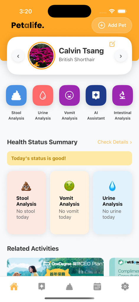 Petalife mobile App-Dashboard mit KI-Gesundheitsanalysetools und einer Zusammenfassung des Haustierstatus