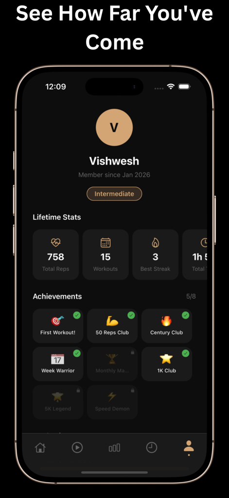 Push Up Counter: PushPro - Écran de profil de l'application Push Up Counter montrant les statistiques de forme physique à vie et les badges de réussite.
