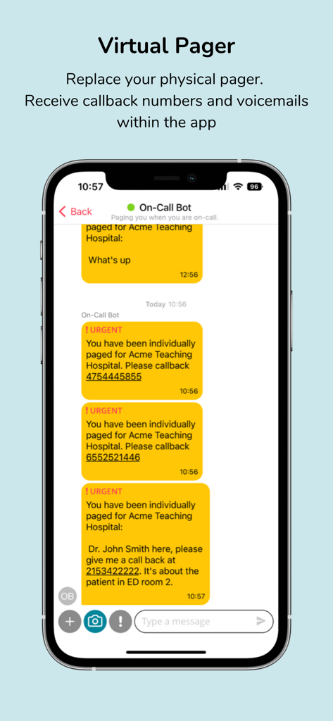Hypercare-Messaging & On-Call - Hypercare app interface showing the virtual pager feature with urgent callback notifications for medical professionals