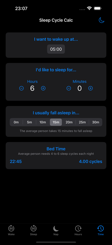 Interfaccia di Sleep Cycle Calc che mostra un calcolo dell'ora di andare a dormire per una sveglia alle 5 del mattino.
