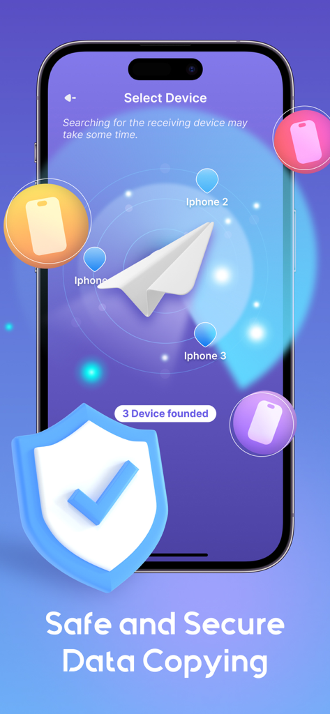 Copy My Data: Smart Switch App - Interface showing the device discovery screen for secure data transfer between iPhones with a safety shield icon.