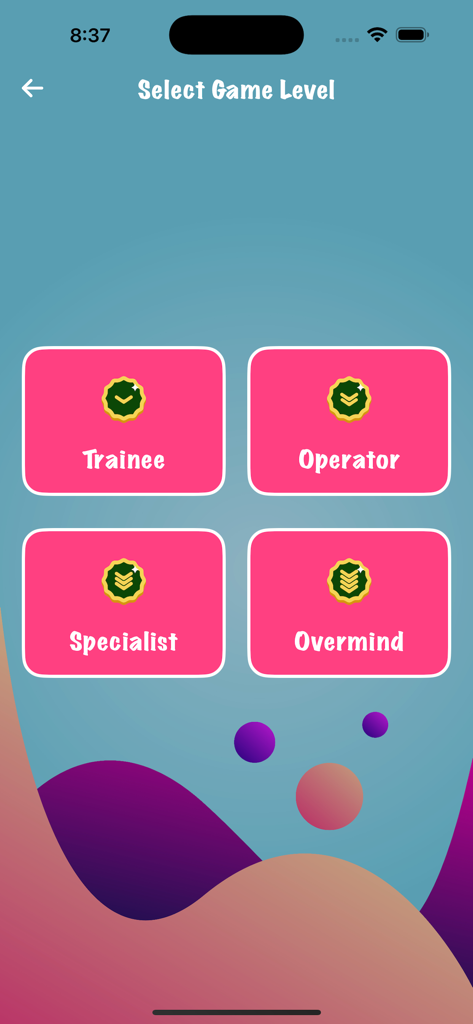 Robz - Screenshot of the game level selection screen with four difficulty options: Trainee, Operator, Specialist, and Overmind