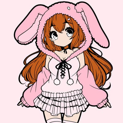 pretty anime girl wearing a fluffy hoodie with bunny ears on the hood and a skirt