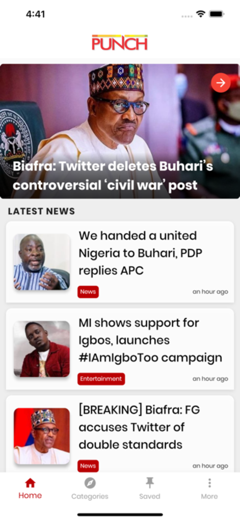 Punch News - Punch News app home screen showing latest news and political headlines from Nigeria.