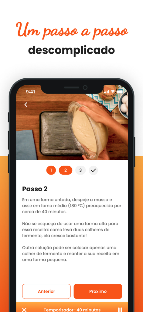 TudoGostoso Receitas - Guide de recette étape par étape sur l'application mobile TudoGostoso, avec instructions de cuisson et minuteur.