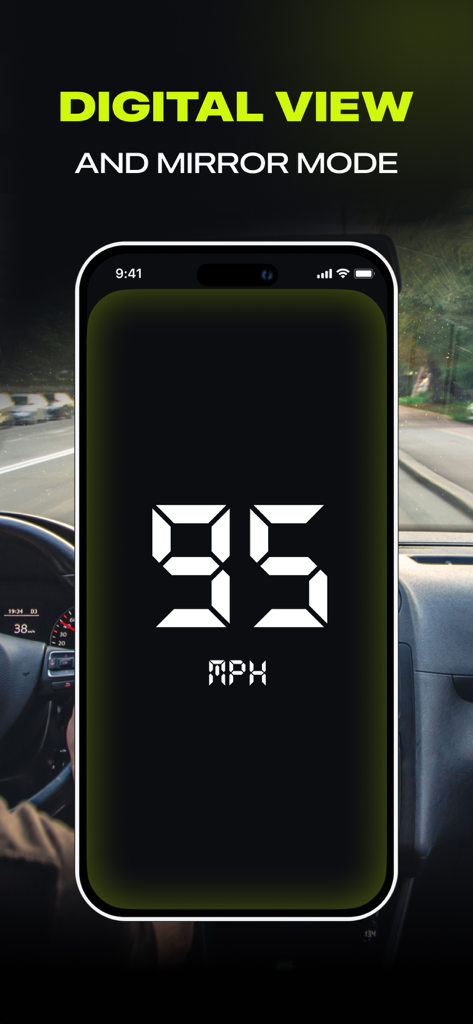 Smartphone displaying a digital speedometer showing 95 MPH mounted on a car dashboard