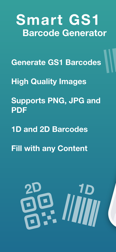 Promotional screen for Smart GS1 Barcode Generator listing features like 1D and 2D barcode support and high quality image exports.
