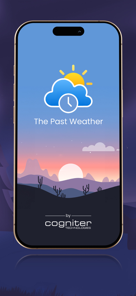 Splash screen for The Past Weather app showing a sun and cloud logo with a clock icon over a desert mountain landscape at sunset