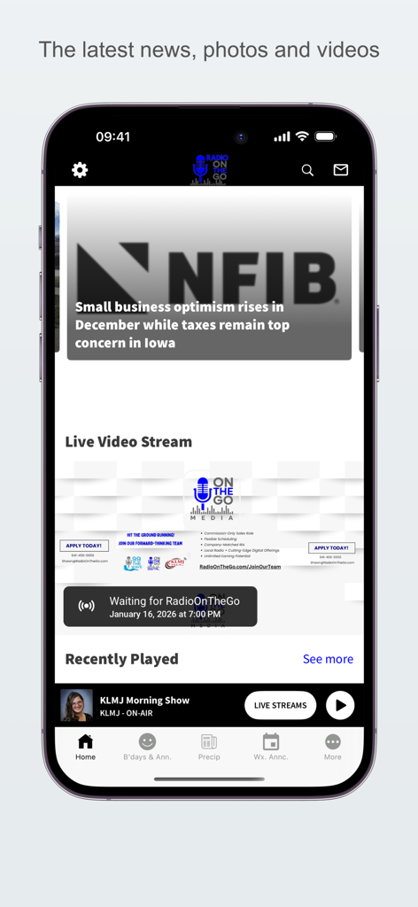RadioOnTheGo - RadioOnTheGo app home screen displaying local Iowa news and live radio stream details