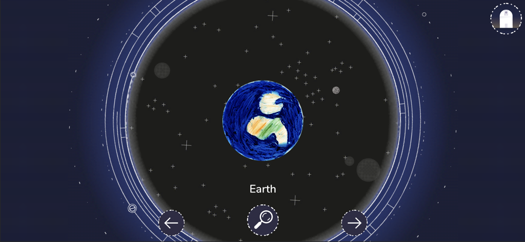 myUniverse - a cosmic journey - A hand drawn representation of Earth in the myUniverse app space exploration interface