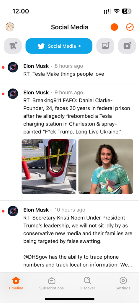 A screenshot of the Folo app interface showing a curated social media feed with a timeline of posts from Elon Musk