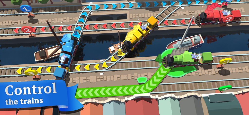 Train Conductor World - Gameplay screenshot of Train Conductor World showing colored trains on intersecting tracks with the text Control the trains