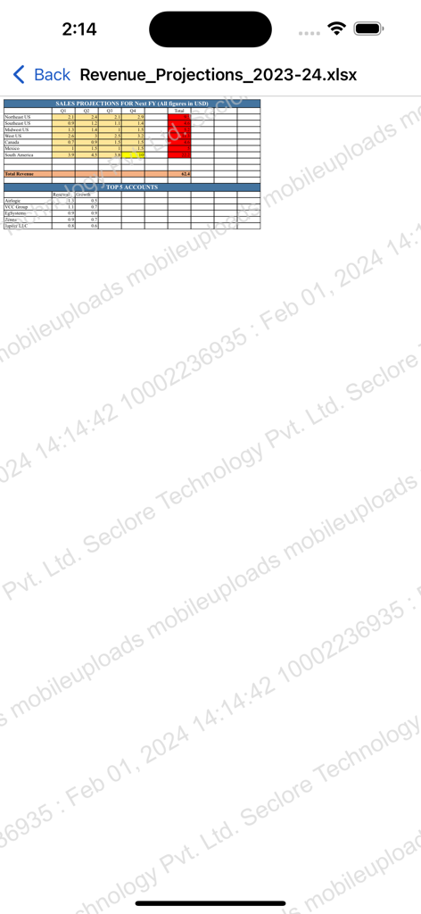 Seclore - Um arquivo Excel seguro com marca d'água sendo visualizado dentro do aplicativo móvel Seclore