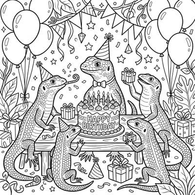 Dive into a wild birthday celebration with this unique skink coloring page! Perfect for teens, this design features detailed skinks enjoying a festive party with cake, balloons, and gifts.