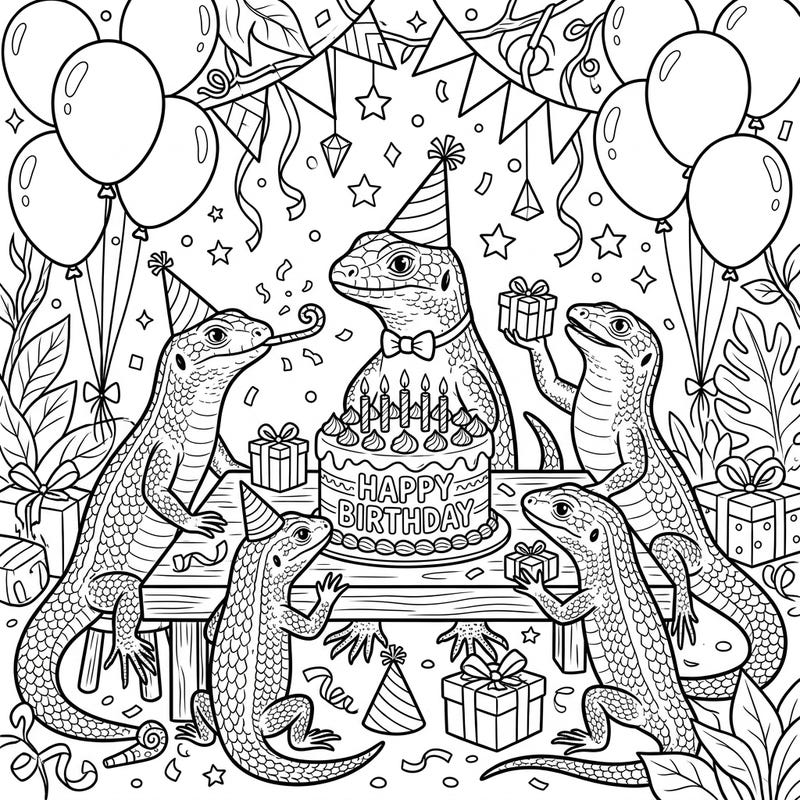 Dive into a wild birthday celebration with this unique skink coloring page! Perfect for teens, this design features detailed skinks enjoying a festive party with cake, balloons, and gifts.