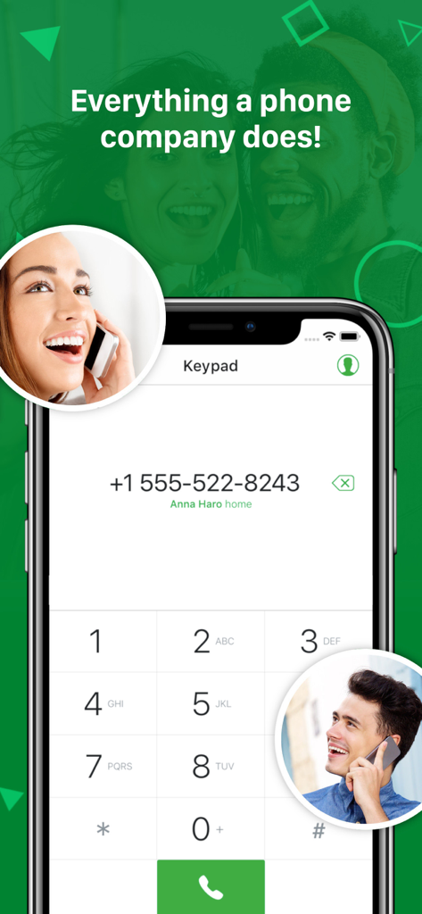 Nextplus: Private Phone Number - Interfaccia dell'app Nextplus che mostra una tastiera telefonica virtuale e un numero di telefono USA per chiamate private