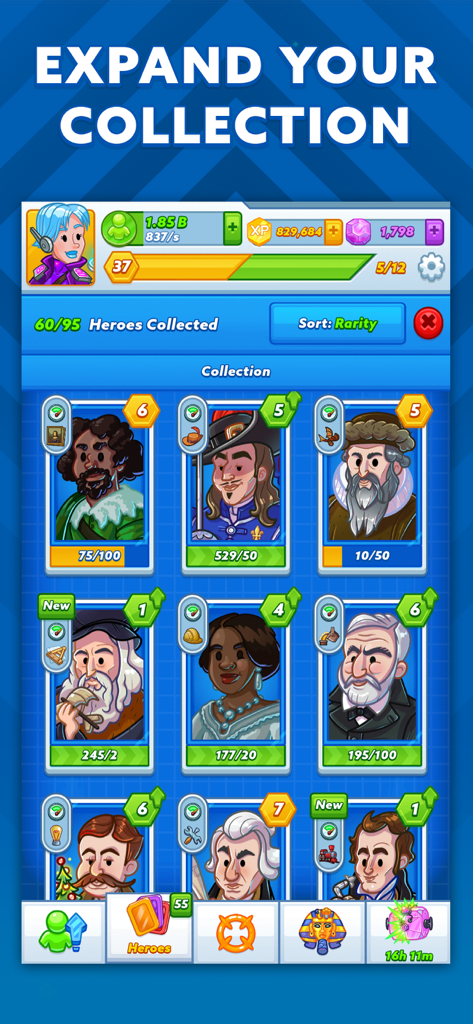 Pantalla de colección de héroes en AdVenture Ages mostrando varias cartas de personajes históricos