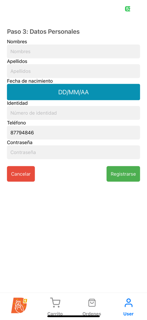 Deuna Go - Uma tela de aplicativo móvel mostrando um formulário de registro de usuário em espanhol com campos para nome, data de nascimento, número de identidade, telefone e senha.