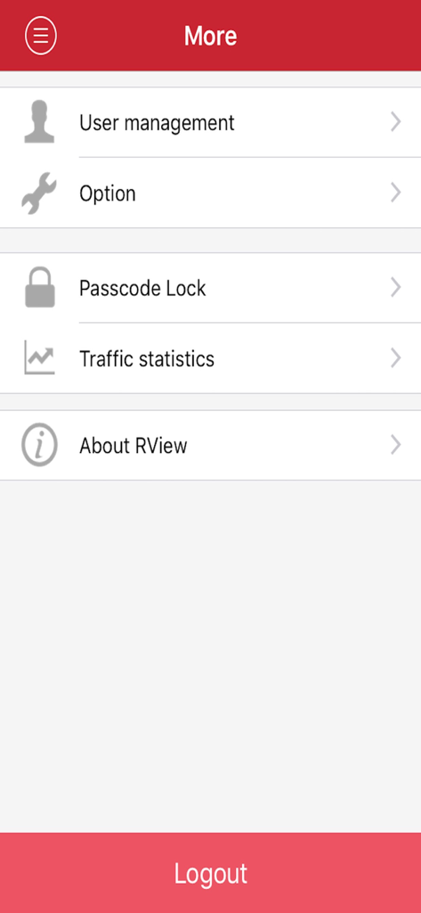 Pantalla del menú de configuración de la aplicación RView con gestión de usuarios y opciones de bloqueo con código de acceso