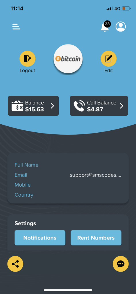SMSCodes.io - SMSCodes.io 앱 사용자 프로필 대시보드로 계정 잔액 및 설정이 표시됩니다.