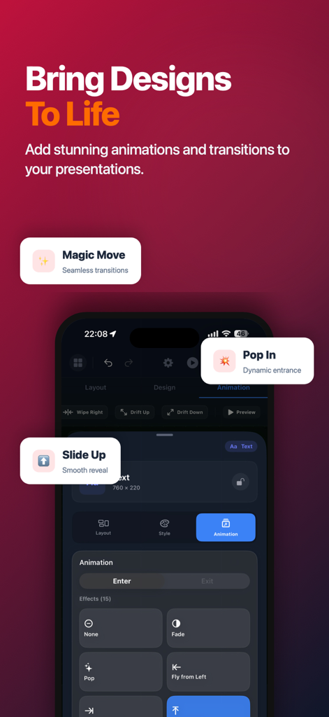 InfoGraphic and Poster Creator - Mobile Benutzeroberfläche von InfoGraphic and Poster Creator mit Animations- und Übergangswerkzeugen für Präsentationen.