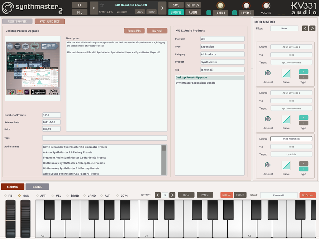 SynthMaster 2 - SynthMaster 2 app interface showing the preset shop and modulation matrix
