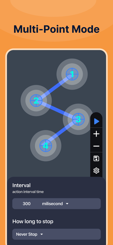 GC Auto Clicker - Interface GC Auto Clicker montrant la configuration du mode multipoint avec quatre points cibles.