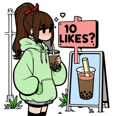 girl with oversized hoodie drinking boba and she has a high ponytail with a sign that says 10likes?