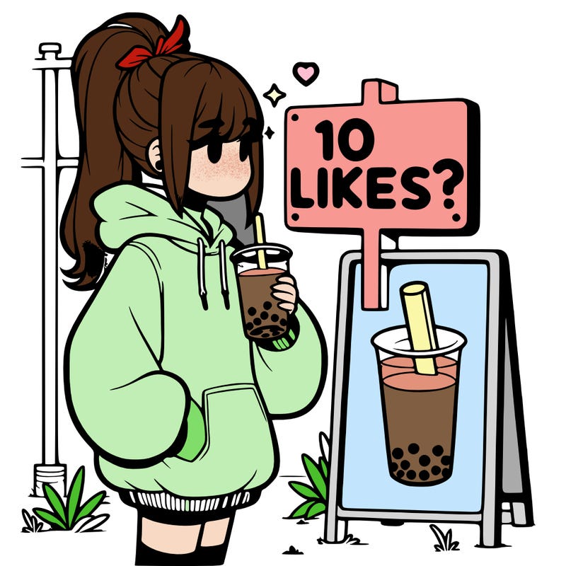 girl with oversized hoodie drinking boba and she has a high ponytail with a sign that says 10likes?