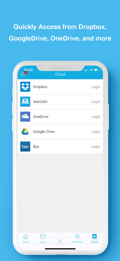 DWG FastView Pro-CAD viewer - DWG FastView Pro mobile App-Oberfläche zeigt Cloud-Speicheroptionen einschließlich Dropbox und Google Drive