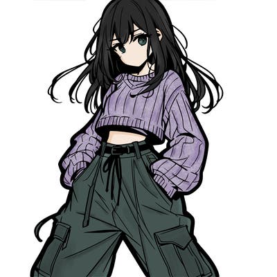 anime teen girl with baggy pants and crop top with sweater